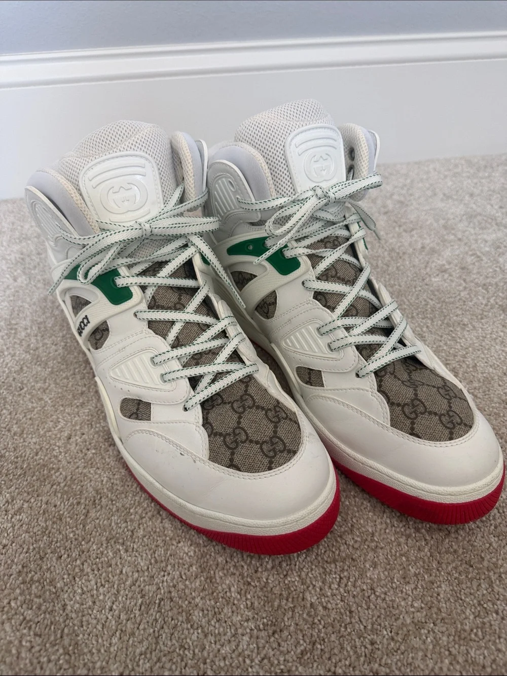 Gucci White High-Top Sneakers with Green and Red Accents